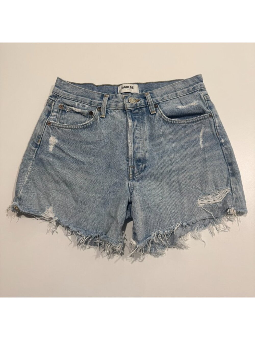 Agolde Light Blue Distressed Denim Jean Shorts